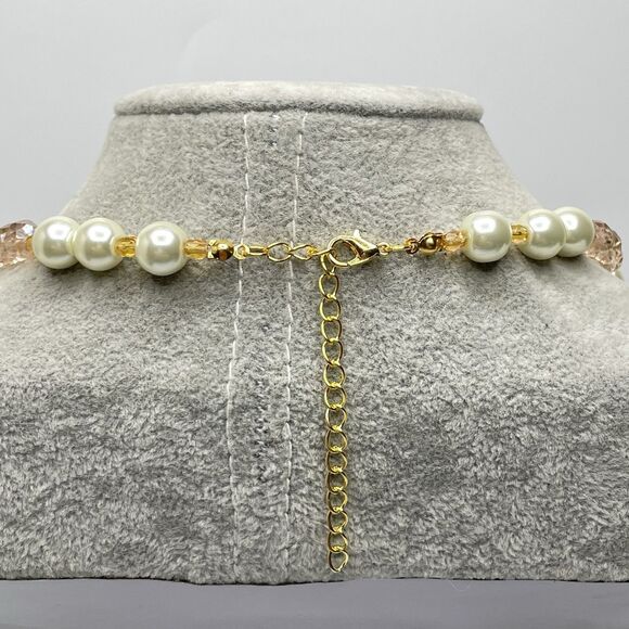 Artisan Amber Color Glass White Faux Pearl Beaded Necklace Earrings Set Stunning - Picture 5 of 8